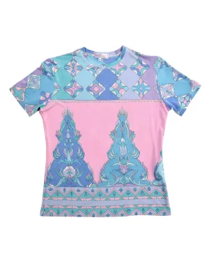Emilio Pucci Vintage Pastel Blue Pink Multicolor Graphic Print Jersey T-Shirt